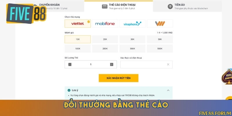 Nhà cái hỗ trợ đổi thẻ cào với nhà mạng Viettel, Vinaphone, Mobilephone